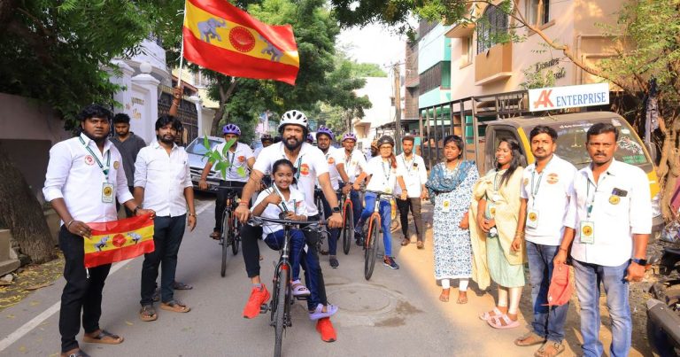 விஜய்யின் த.வெ.க. முதல் மாநில மாநாட்டுக்கு சைக்கிளில் செல்லும் நடிகர் சௌந்தரராஜா!
