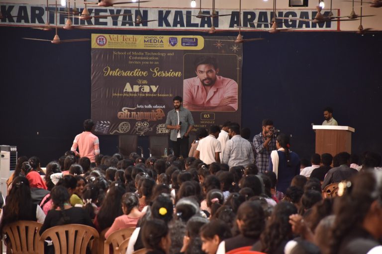 வேல் டெக் பல்கலைக்கழக மாணவர்களிடம் விடாமுயற்சி பட அனுபவங்களை எடுத்துச் சொல்ல உற்சாகப்படுத்திய நடிகர் ஆரவ்! 